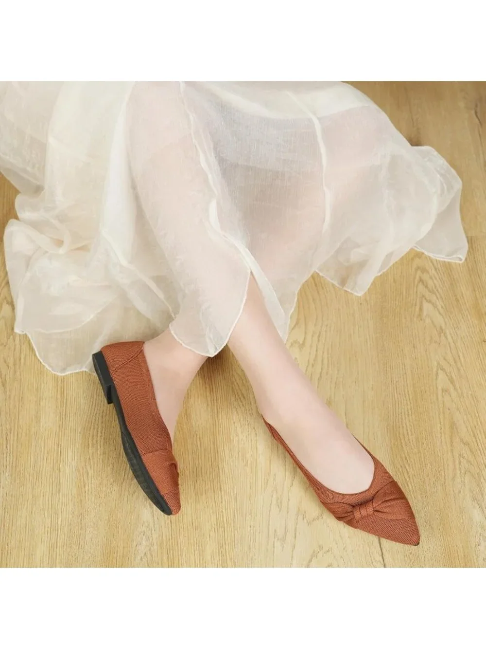 Women's Brown Mesh Comfortable Ballet Flats Pointed Toe Lightweight Casual Shoes